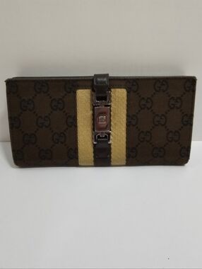 Auth. Vintage Gucci Jackie Piston Lock Long Wallet GG Monogram Canvas Brown